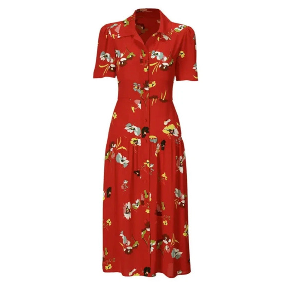 *Flawed* CAbi Afternoon Dress Floral Midi Red 6218 SS Shirt Dress Size XL Sheer - Picture 3 of 15